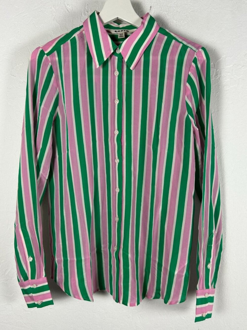 Boden Womens Green Pink Striped 100% Silk Long Sleeve Button-Up Shirt Size US 6R